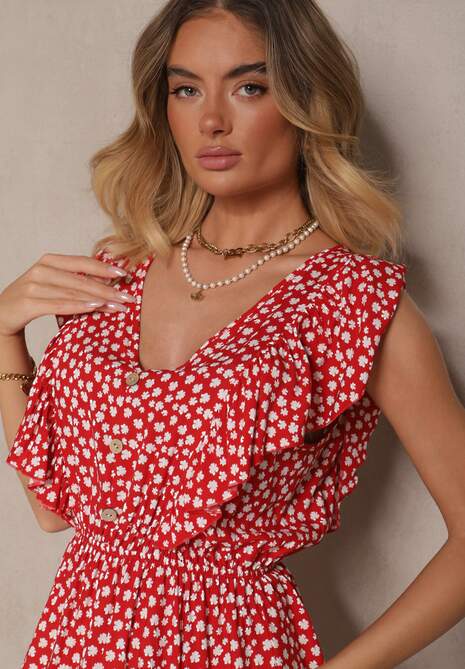 Czerwona Bawełniana Sukienka o Rozkloszowanym Kroju z Guzikami w Kwiatowy Wzór Roniva