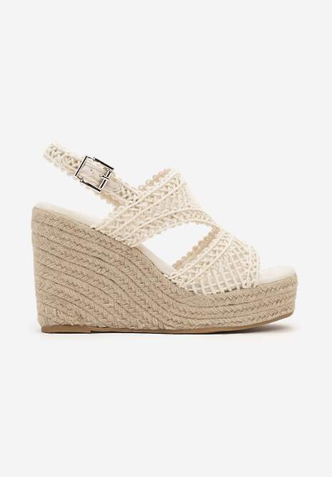 Beżowe Ażurowe Sandały na Plecionym Koturnie Rivanique