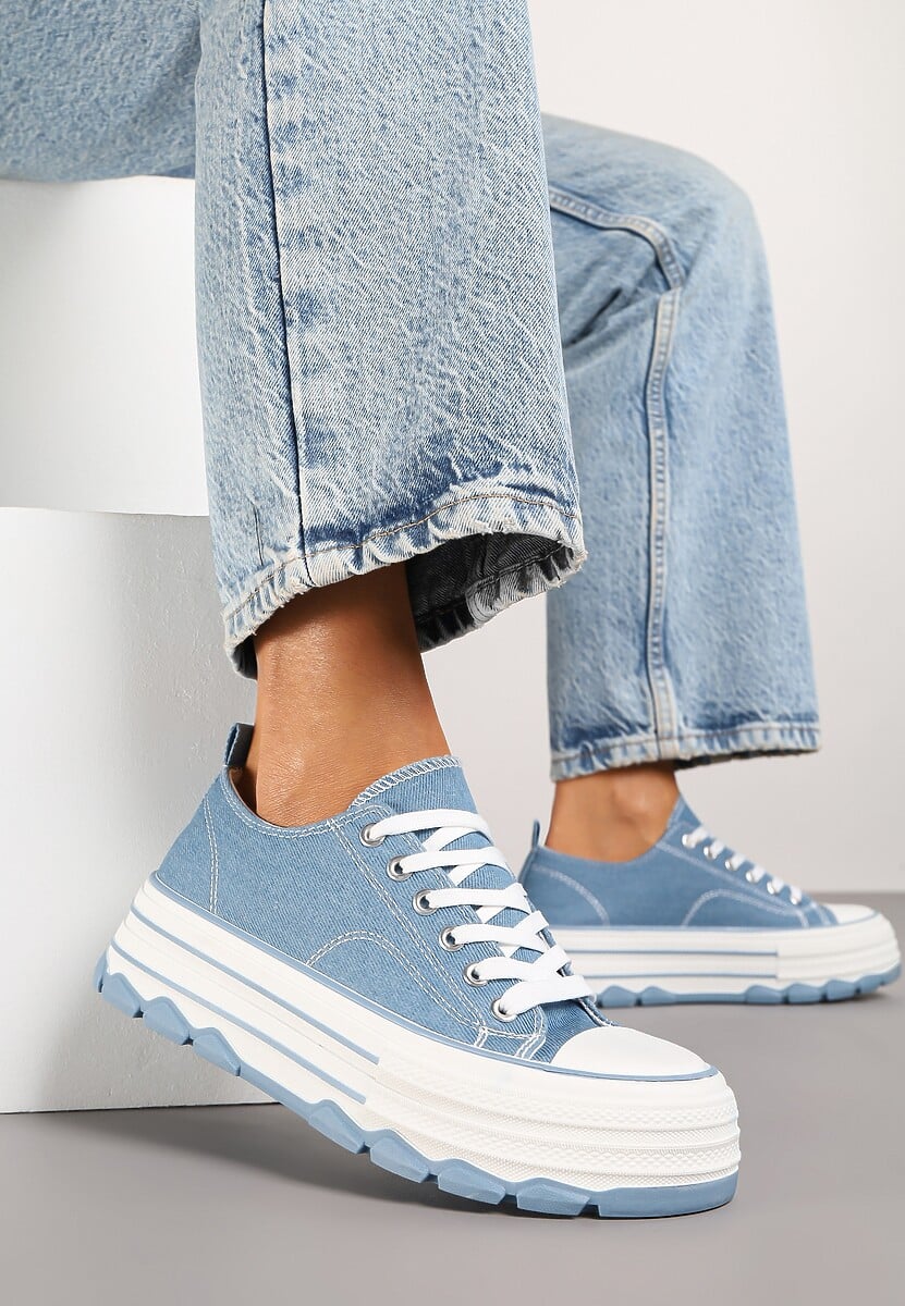 Niebieskie Trampki na Platformie z Paskami i Niską Cholewką Zienelle