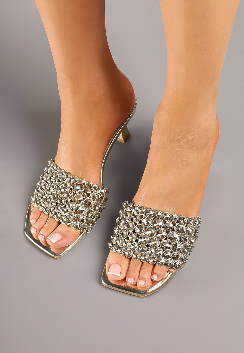 Złote Klapki na Niskim Obcasie z Eleganckimi Cyrkoniami Hekkaria