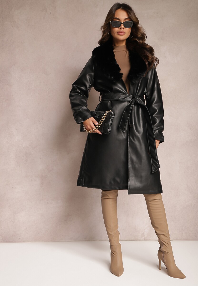 Czarny Płaszcz z Ekoskóry i Futerkowym Kołnierzem i Paskiem w Talii Talra