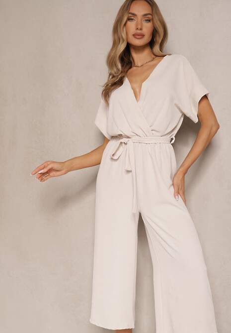 Beżowy Kopertowy Kombinezon o Prostym Kroju z Wiązanym Paskiem Tevenea