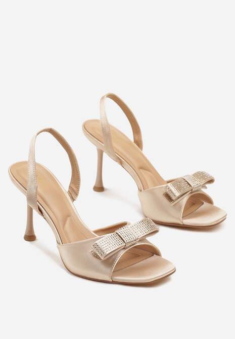 Beżowe Sandały na Szpilce Vices Ozdobione Cyrkoniami i Kokardą Lumissea