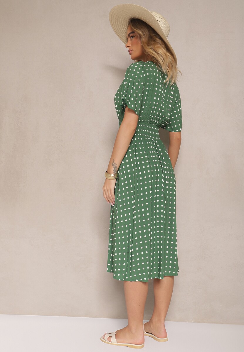 Zielona Bawełniana Sukienka o Rozkloszowanym Fasonie w Kropki Tolimirae