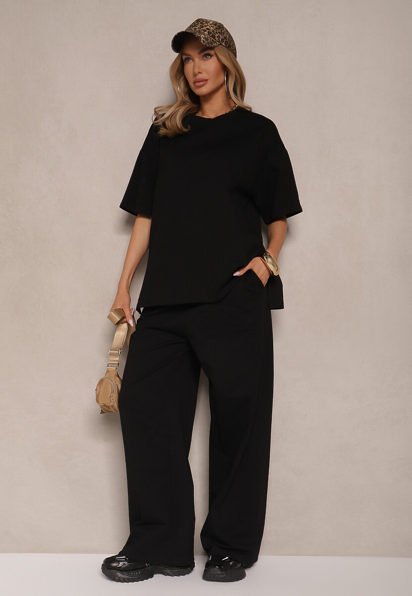 Jasnobeżowy Komplet z Bawełny T-shirt z Rozcięciami i Spodnie o Szerokim Kroju Elpiola