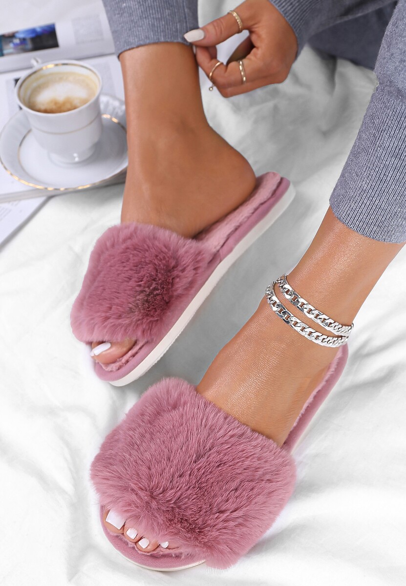 Szare Kapcie Futrzane z Szerokim Paskiem Iphandras