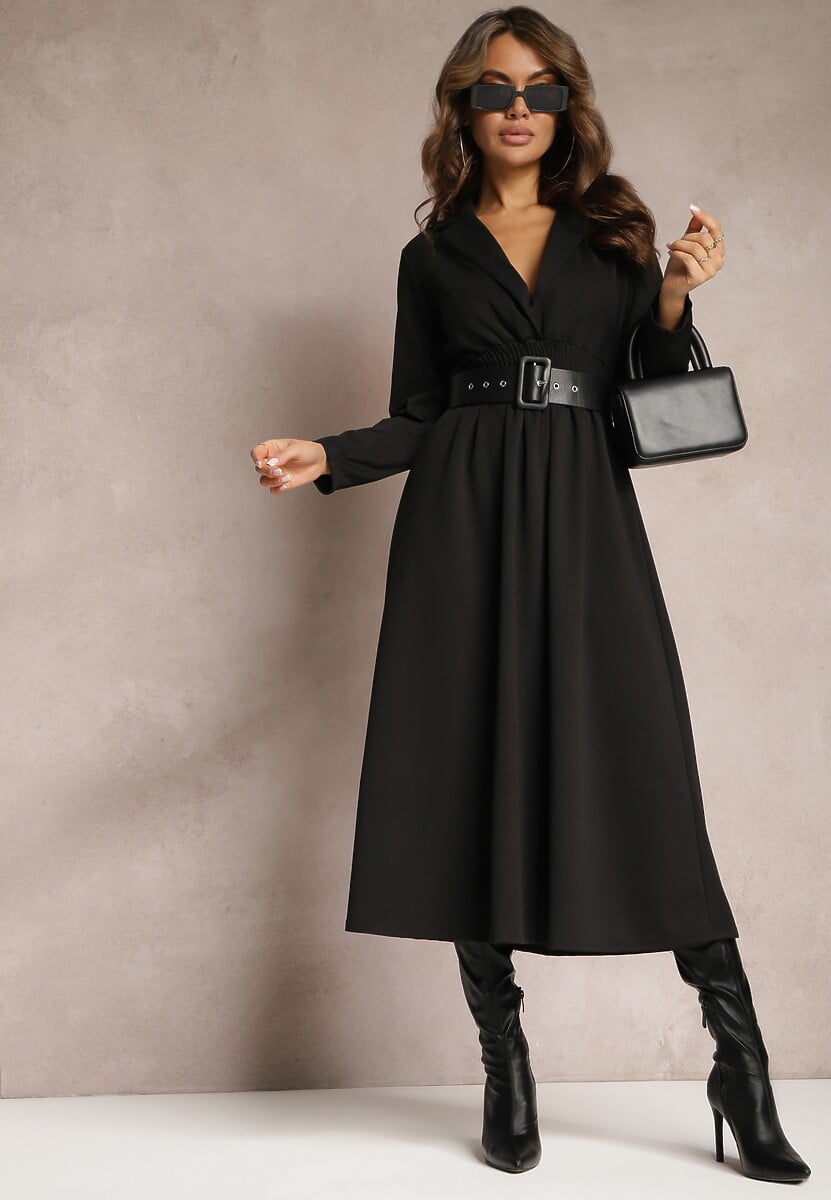 Ciemnozielona Sukienka Midi o Rozkloszowanym Fasonie z Trójkątnym Dekoltem i Gumką w Pasie Lunaia