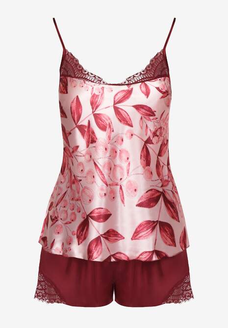 Bordowy Satynowy Komplet Piżamowy z Szortami i Topem z Koronką Telespha