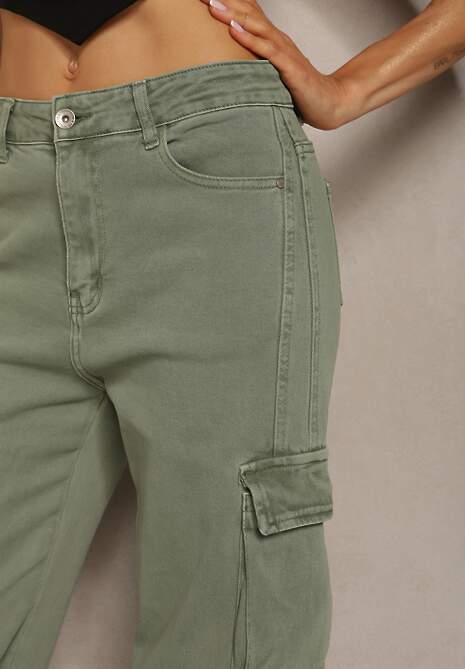Zielone Spodnie Typu Bojówki z Bawełny High Waist z Kieszeniami Zefara