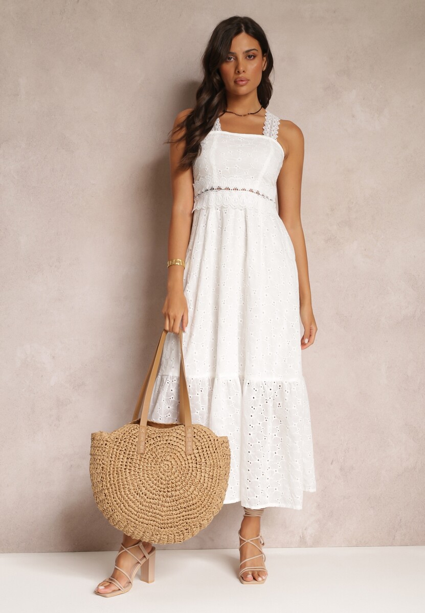 Biała Haftowana Sukienka Maxi z Koronką Norgann