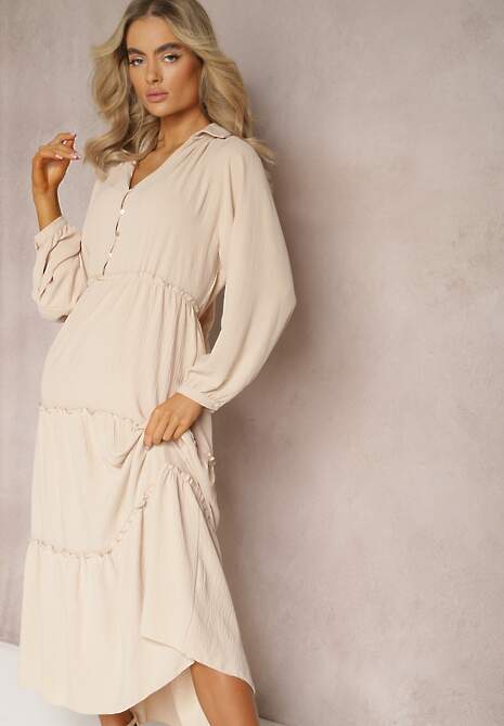 Beżowa Rozkloszowana Sukienka Maxi z Falbankami i Kołnierzykiem Rehtima