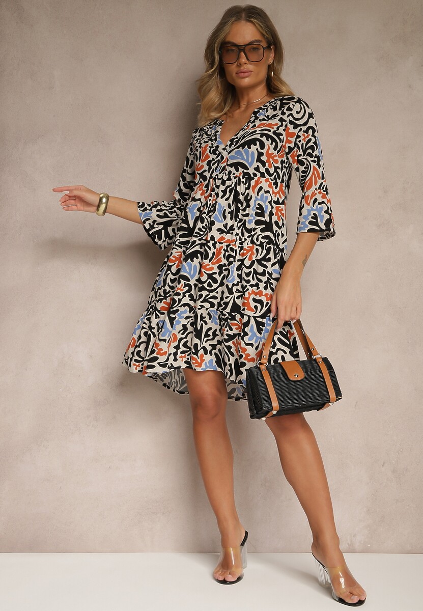 Czarno-Beżowa Sukienka z Wiskozy o Rozkloszowanym Kroju w Abstrakcyjny Wzór Lirese