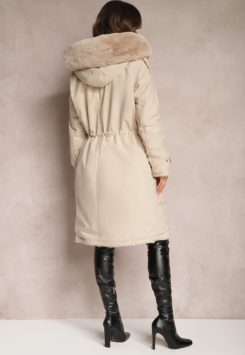 Jasnobeżowa Kurtka za Kolano ze Ściągaczem i Kapturem Elinda