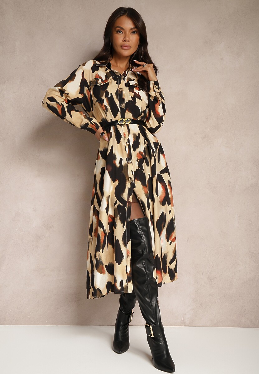 Beżowa Wzorzysta Sukienka o Koszulowym Kroju z Paskiem z Plecionki Mirirani