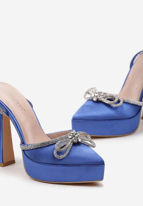 Niebieskie Sandały z Ozdobną Kokardą i Cyrkoniami na Platformie i Klepsydrowym Obcasie Wernia