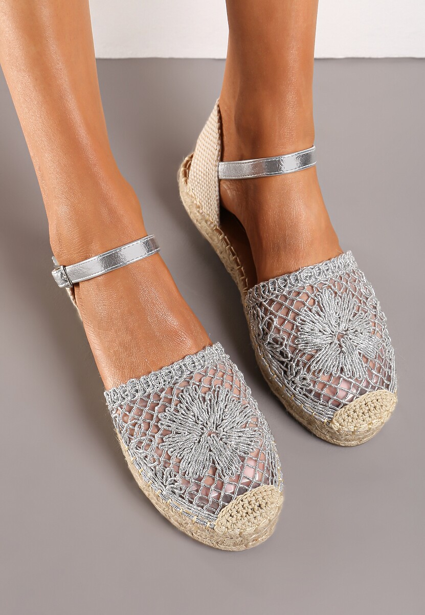 Srebrne Espadryle na Niskiej Platformie Zapinane wokół Kostki z Plecionką Asanipia
