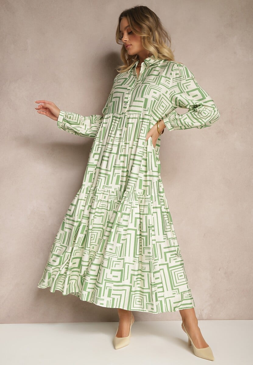 Zielona Rozkloszowana Sukienka z Wiskozą w Geometryczny Print Apirestia