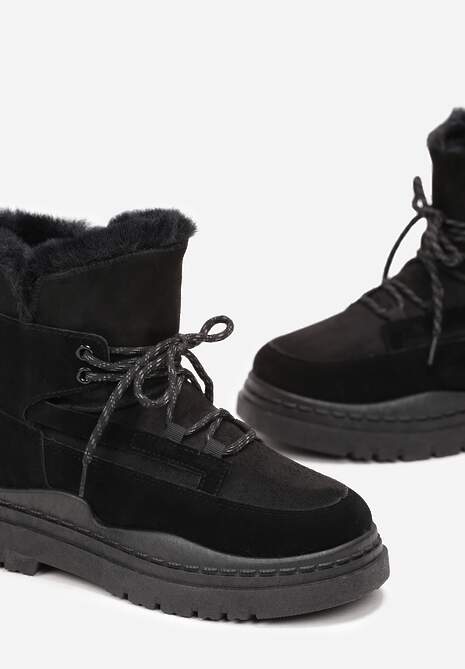 Czarne Śniegowce na Platformie z Dekoracyjnym Wiązaniem i Futerkiem Cynra