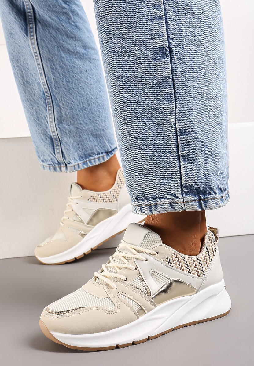 Beżowe Sneakersy z Siateczkowymi i Metalicznymi Zdobieniami Detama