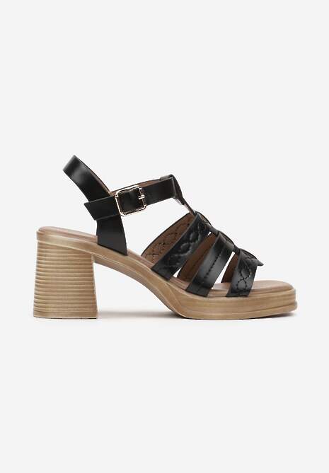 Czarne Sandały na Obcasie z Ozdobnymi Paskami Zapinane na Sprzączkę Vathalia