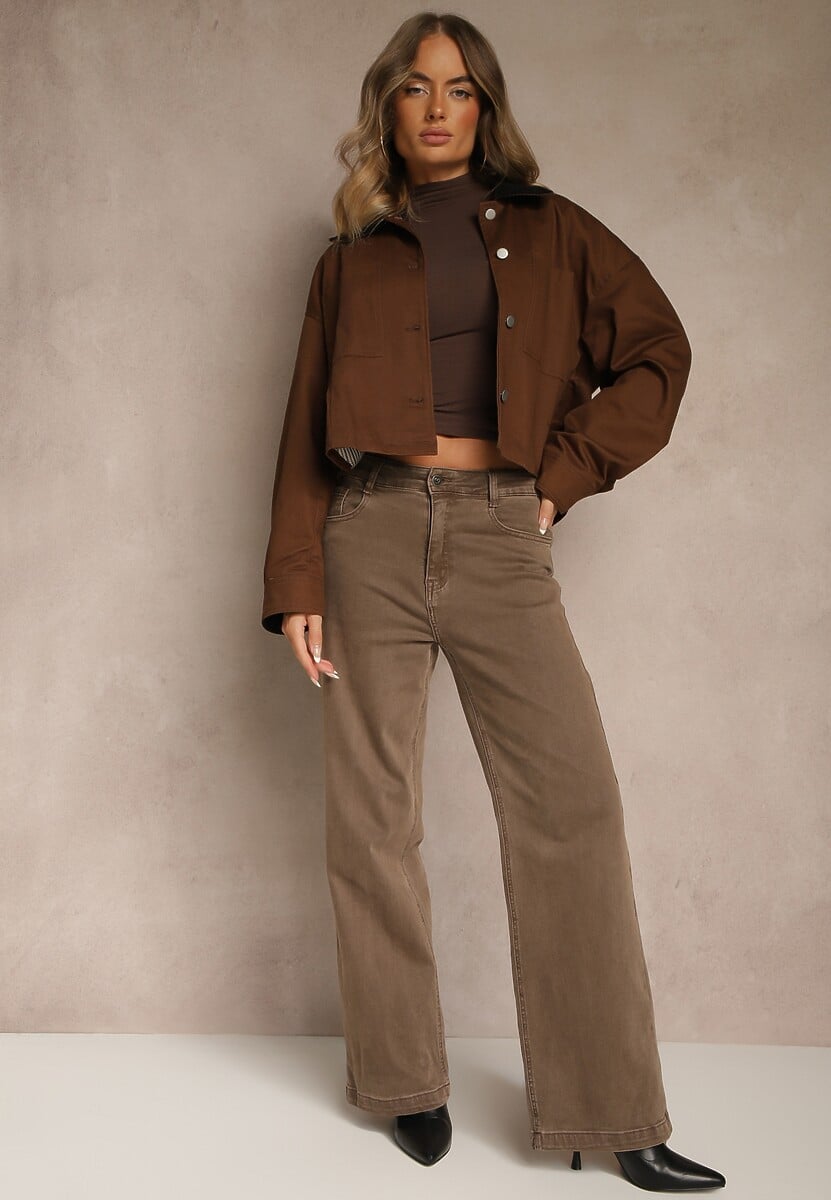Brązowe Szerokie Jeansy High Waist z Bawełny Amendrie