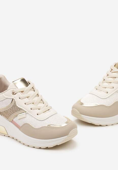 Beżowe Sneakersy z Brokatem Cyrkoniami i Metalicznymi Wstawkami Zephramis