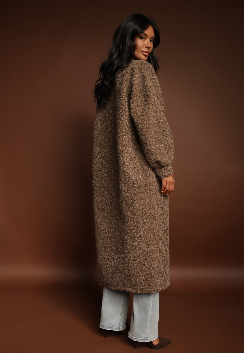 Brązowy Kardigan Niezapinany o Długim Kroju Ozdobiony Szerokimi Rękawami Tifilina