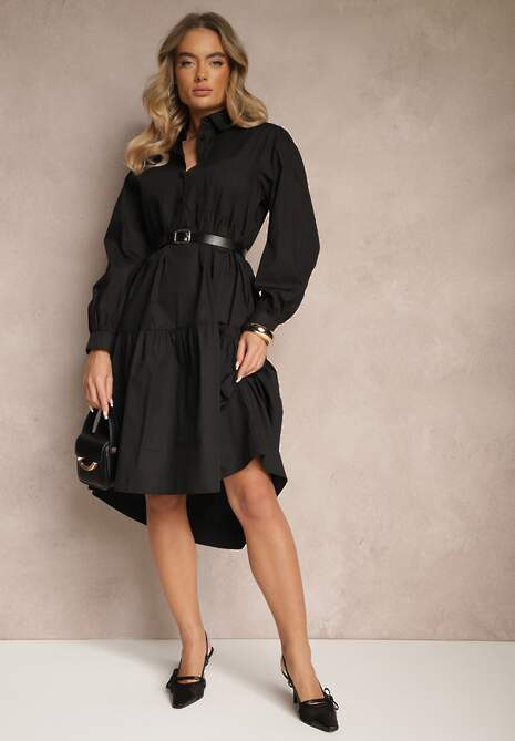 Czarna Rozkloszowana Sukienka Koszulowa z Bawełny Paniell