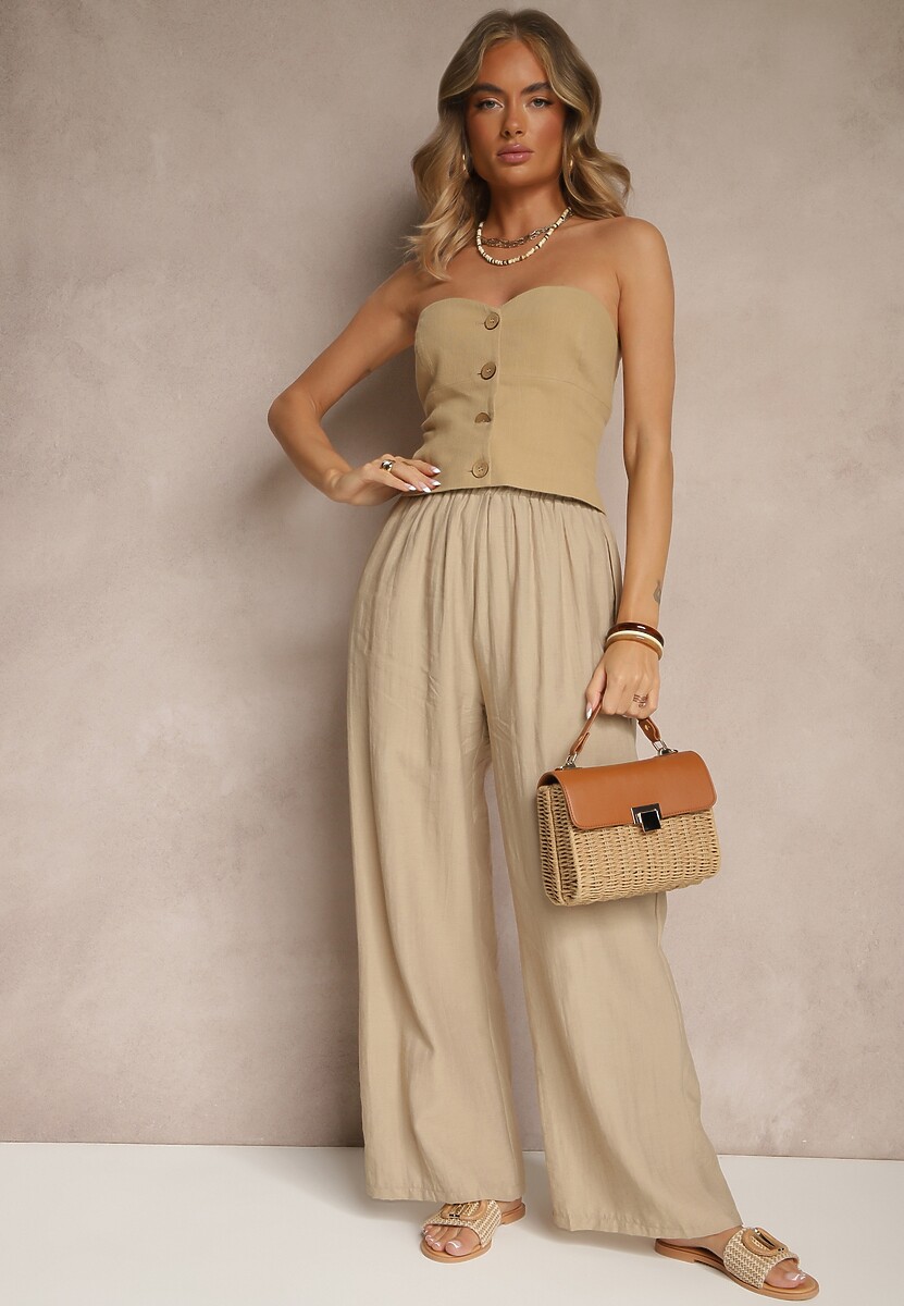 Ciemnobeżowe Wiskozowe Spodnie Palazzo High Waist z Lnem Linaselia