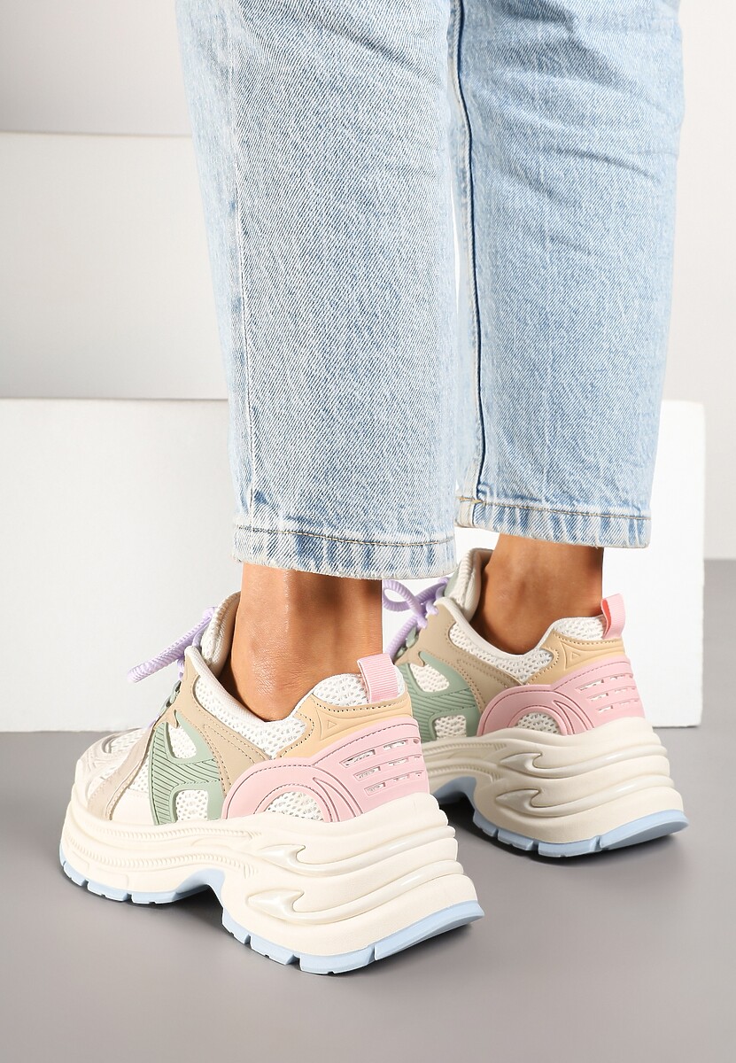 Jasnobeżowe Sneakersy na Platformie z Tłoczeniem i Geometrycznym Wzorem Melvila