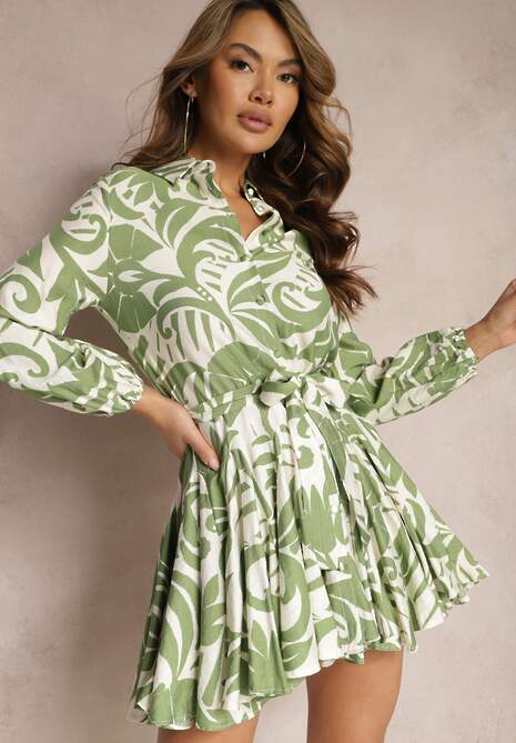 Zielona Sukienka Mini o Rozkloszowanym Fasonie z Paskiem i Oryginalnym Wzorem Grinia