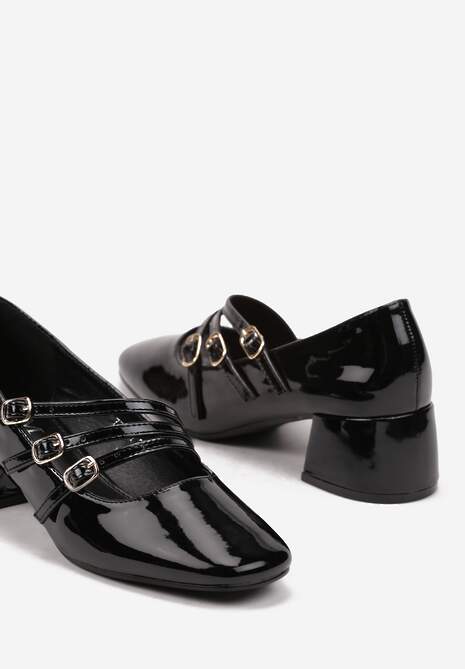 Czarne Lakierowane Czółenka w Stylu Mary Jane z Cienkimi Paseczkami Berisana
