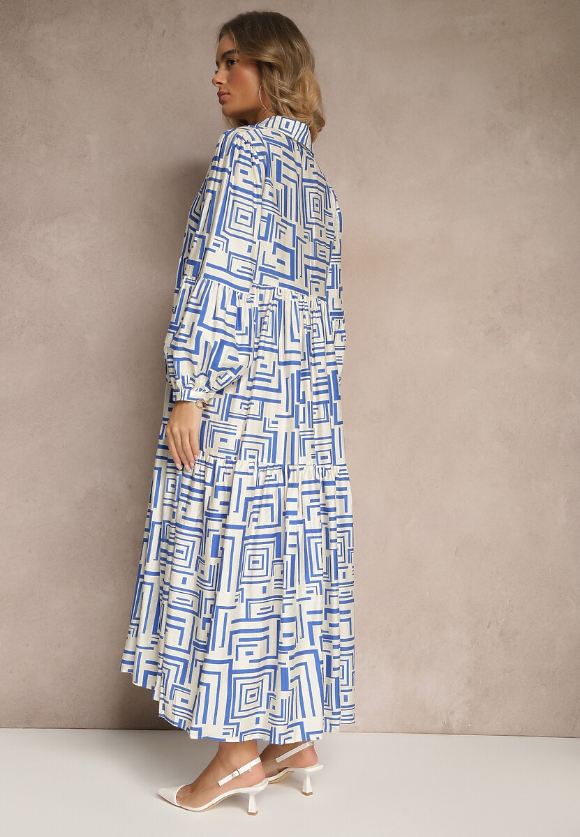 Niebieska Rozkloszowana Sukienka z Wiskozą w Geometryczny Print Apirestia