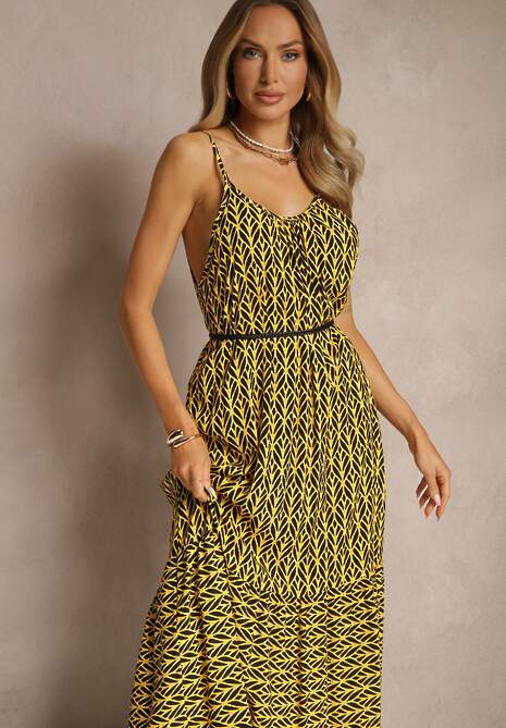 Żółta Sukienka z Bawełny Ozdobiona Geometrycznym Motywem Nilavionea
