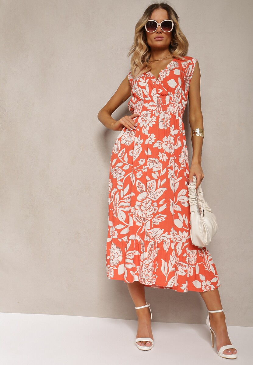 Pomarańczowa Wiskozowa Kwiatowa Sukienka Wykończona Gumką w Pasie o Rozkloszowanym Kroju Keranea