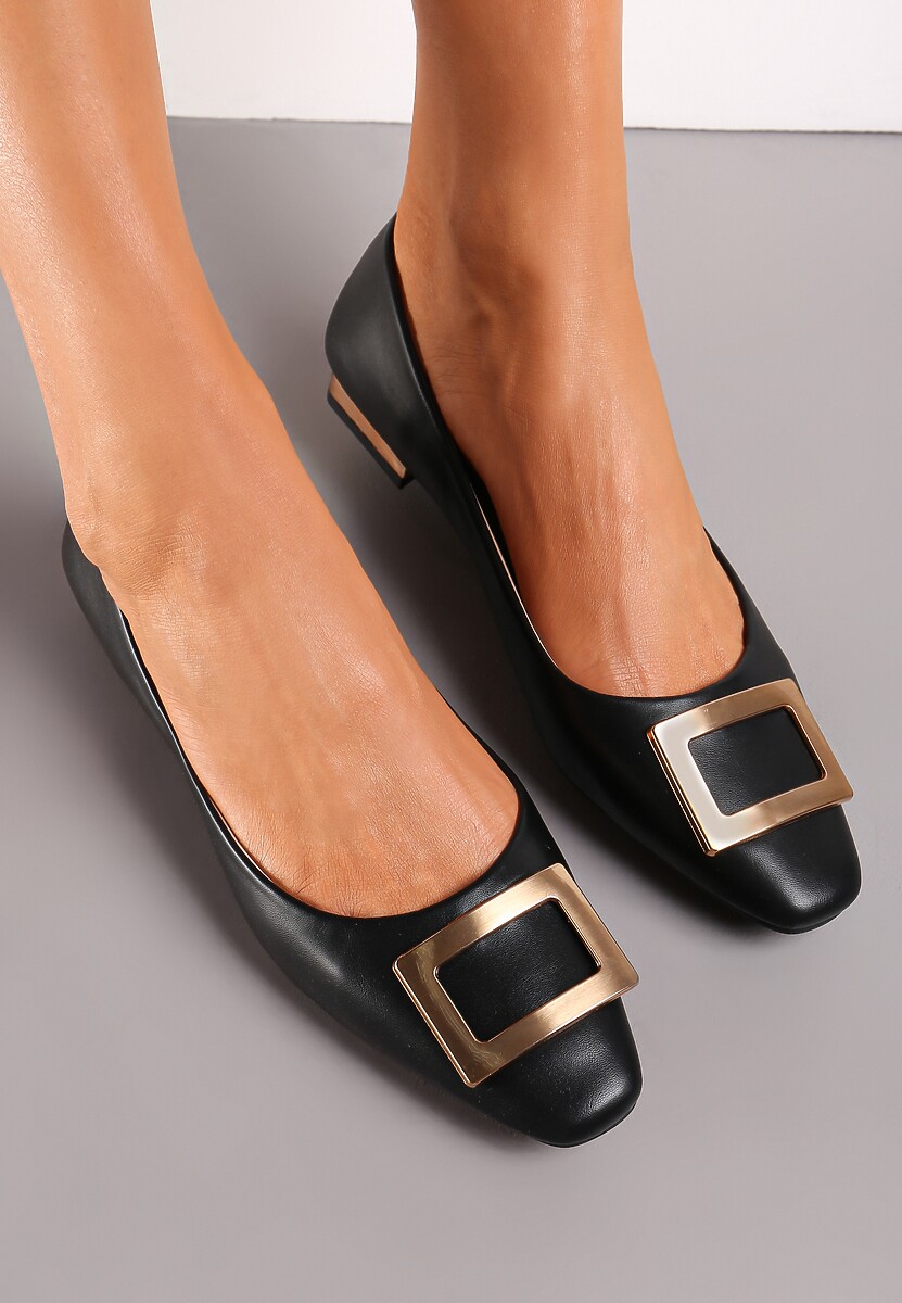 Czarne Balerinki z Metalową Ozdobą na Płaskim Obcasie Nibraca