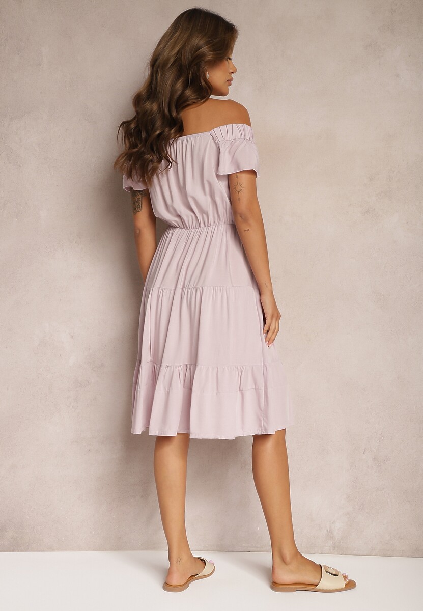 Jasnofioletowa Sukienka Typu Hiszpanka z Gumką w Pasie Zemvia