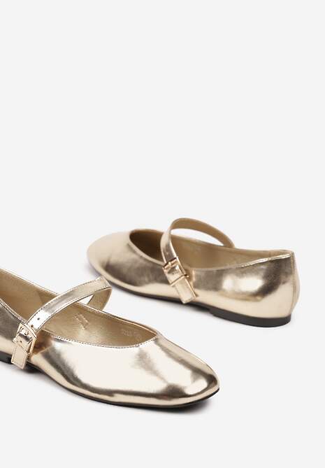 Złote Casualowe Balerinki z Paskiem ze Sprzączką Asideria