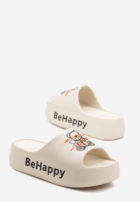 Beżowe Klapki na Platformie z Pianki z Nadrukiem Misia Nelorea