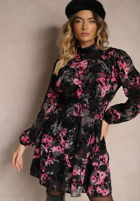 Czarno-Różowa Kwiatowe Sukienka z Gumką w Pasie i Stójką Ettania