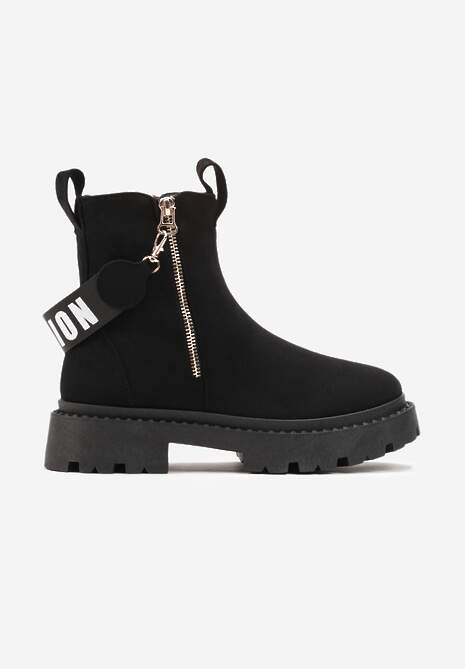 Czarne Botki z Ozdobną Taśmą z Nadrukiem Dudrey