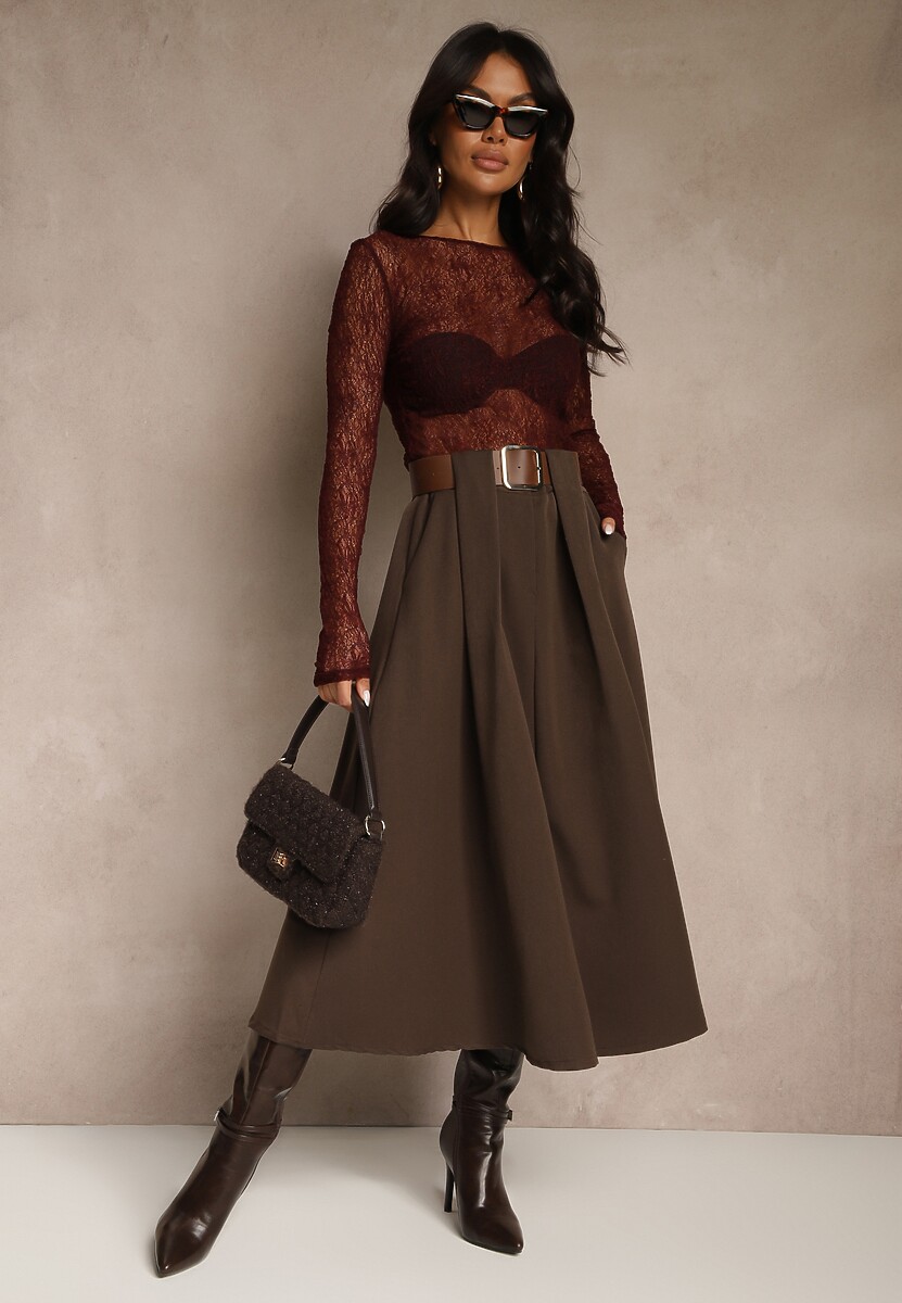 Brązowa Spódnica z Wiskozą o Rozkloszowanym Kroju z Paskiem z Klamrą Tiavela