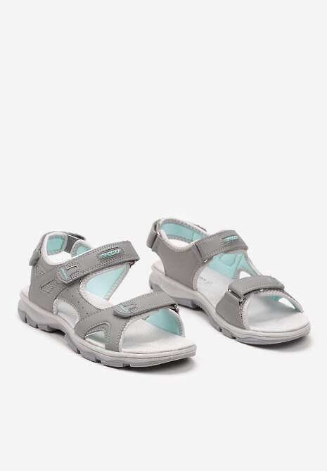Szaro-Miętowe Płaskie Sandały ze Skórzaną Wkładką i Zapięciami na Rzepy Tesama