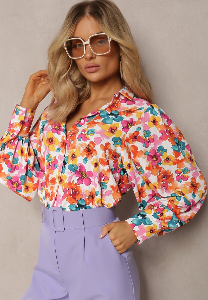 Biało-Pomarańczowa Kwiecista Koszula z Guzikami Phello