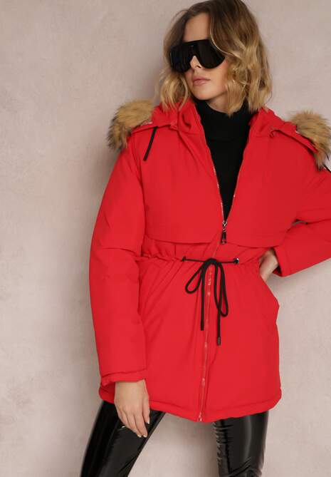 Czerwona Kurtka Parka z Kapturem z Futerkiem Bimi
