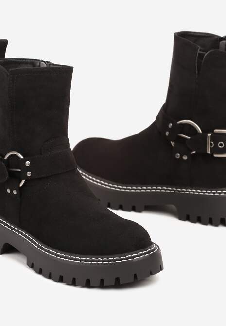 Czarne Płaskie Botki w Stylu Biker Ozdobione Klamrami i Paskami Terinene