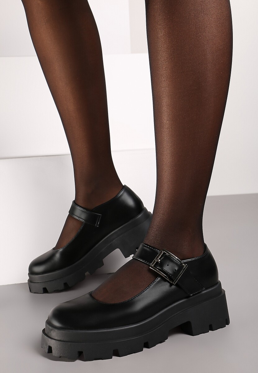 Czarne Półbuty Mary Jane na Platformie Wykończone Paskiem ze Sprzączką Navshia
