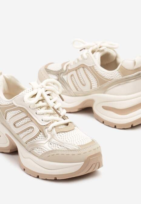 Beżowe Sneakersy na Platformie z Tłoczeniem z Geometrycznym Motywem Delothiel