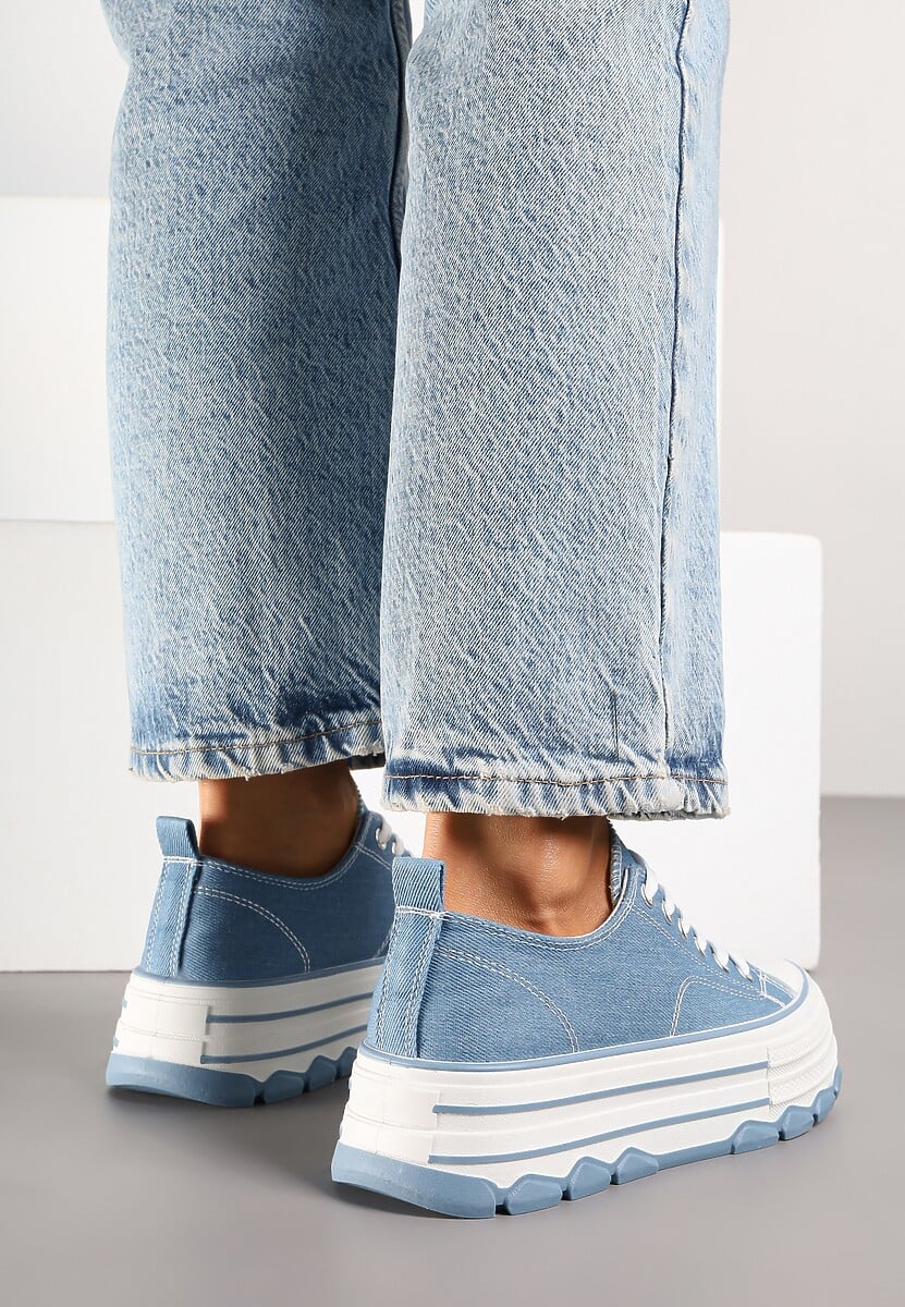 Niebieskie Trampki na Platformie z Paskami i Niską Cholewką Zienelle
