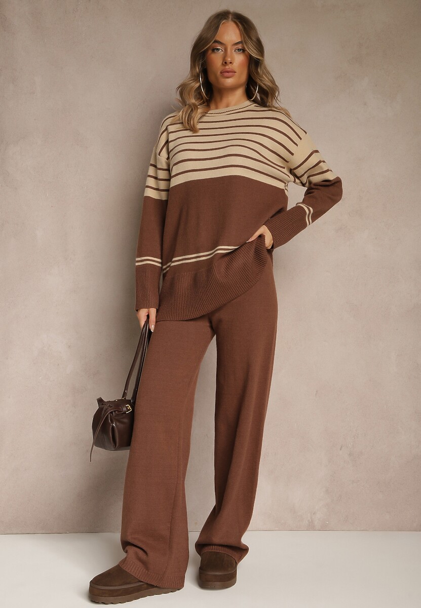 Brązowy Komplet z Dzianiny z Wełną Pasiasty Sweter i Spodnie Ralleia